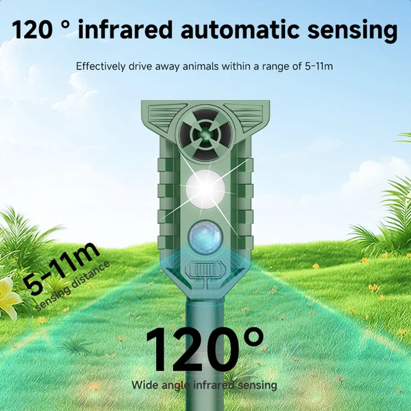 H7019 Solar Animal Repeller Infrared Sensor Ultrasonic LED Strobe for Outdoor Pest Control - Olive Green