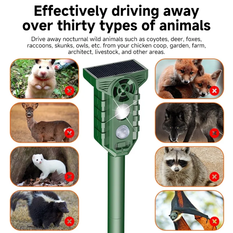 H7019 Solar Animal Repeller Infrared Sensor Ultrasonic LED Strobe for Outdoor Pest Control - Olive Green