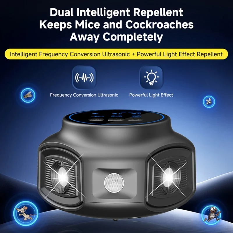 D803 Ultraschall-Schädlingsvertreiber 1kHz-65kHz variabler Frequenz Blitzlicht Nagetier-Insekten-Abwehr – Schwarz / USB