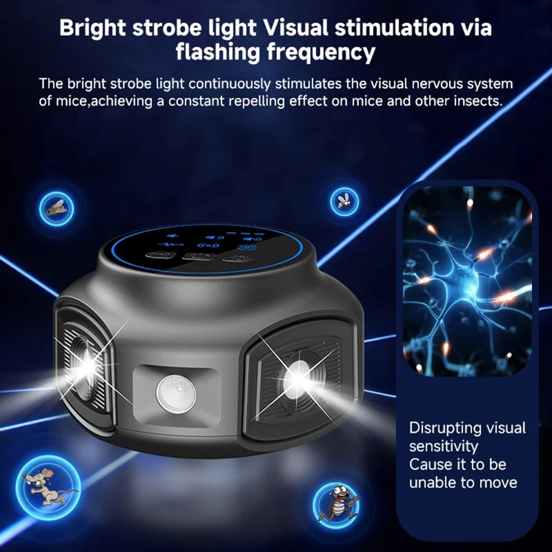 D803 Ultraschall-Schädlingsvertreiber 1kHz-65kHz variabler Frequenz Blitzlicht Nagetier-Insekten-Abwehr – Schwarz / USB