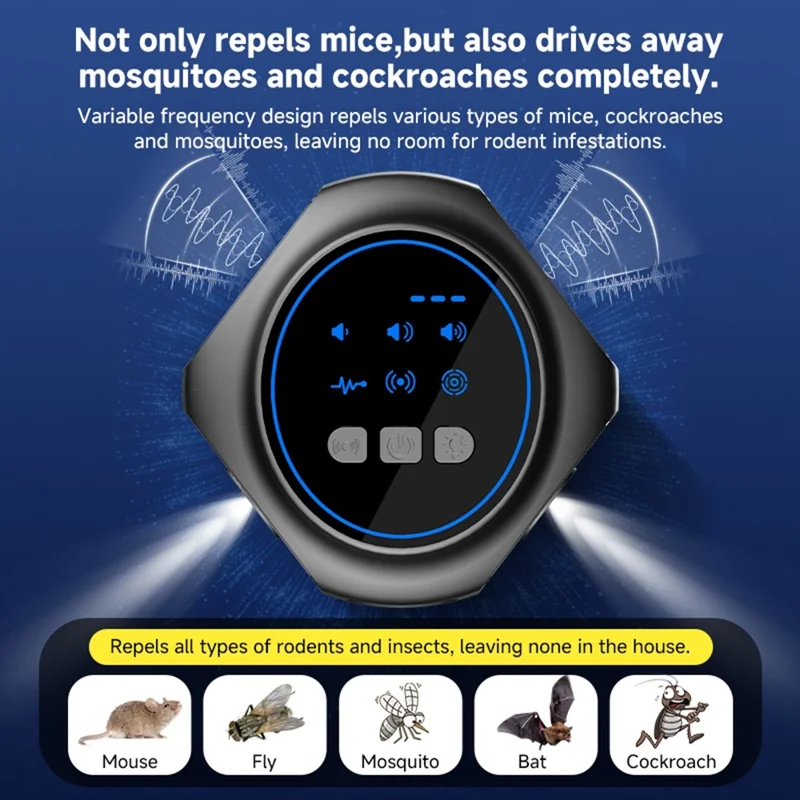 D803 Ultraschall-Schädlingsvertreiber 1kHz-65kHz variabler Frequenz Blitzlicht Nagetier-Insekten-Abwehr – Schwarz / USB