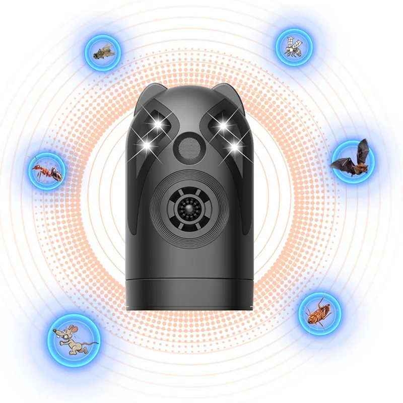 D802 Repelente Ultrasónico de Pragas com Rotação de 360°, Frequência Variável Inteligente com Luz e Som - Preto / USB