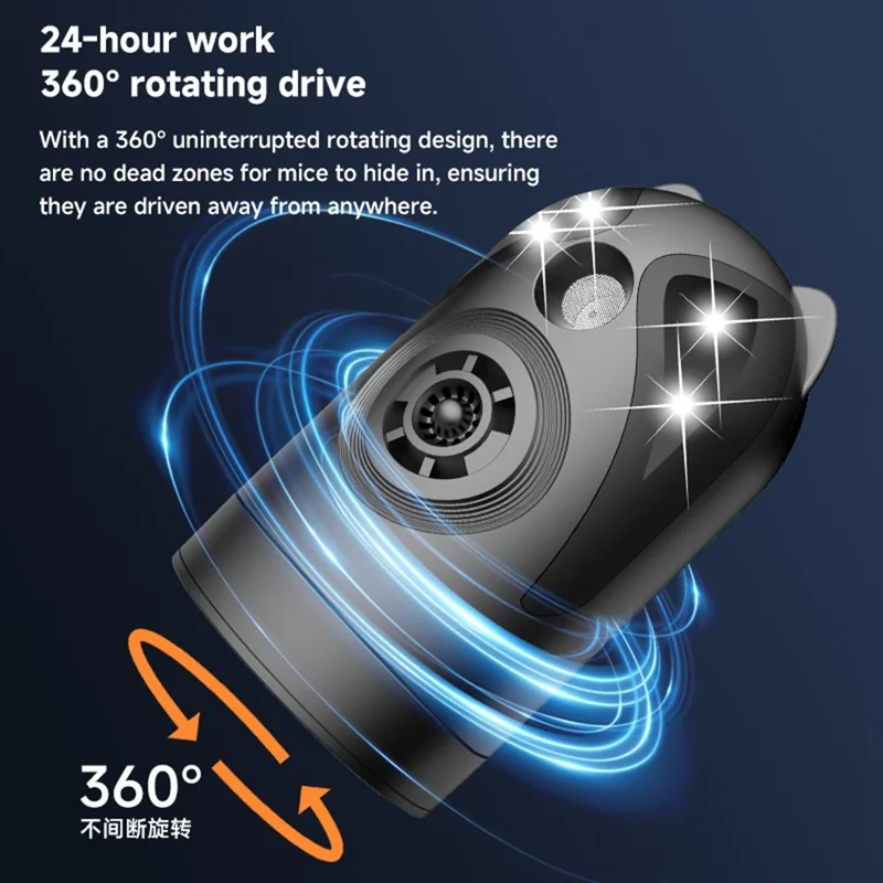 D802 Repelente Ultrasónico de Pragas com Rotação de 360°, Frequência Variável Inteligente com Luz e Som - Preto / USB