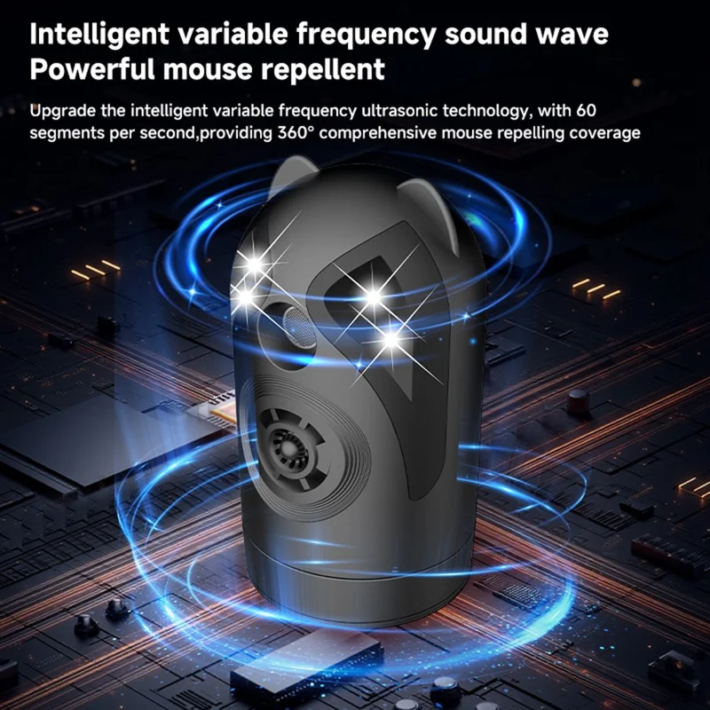 D802 Repelente Ultrasónico de Pragas com Rotação de 360°, Frequência Variável Inteligente com Luz e Som - Preto / USB