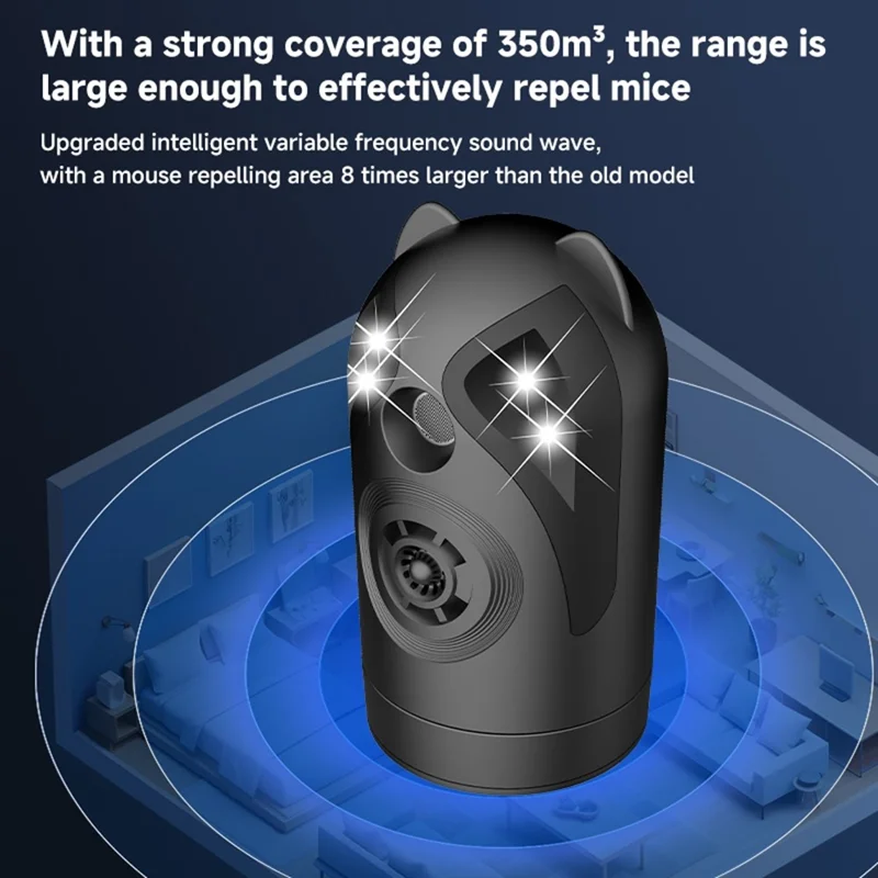 D802 Repelente Ultrasónico de Pragas com Rotação de 360°, Frequência Variável Inteligente com Luz e Som - Preto / USB