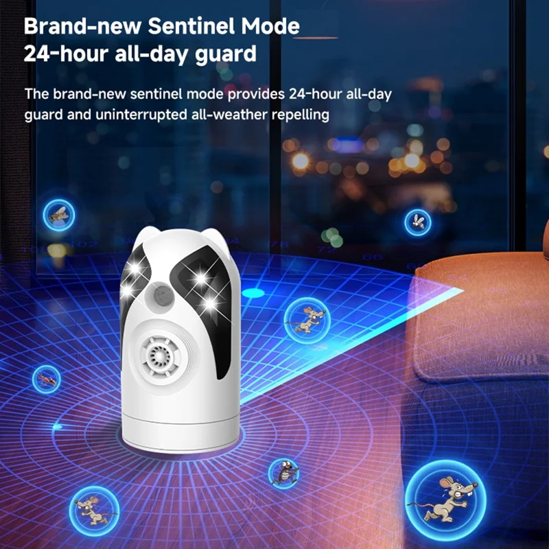 D802 Repelente Ultrasónico de Pragas com Rotação de 360°, Frequência Variável Inteligente com Luz e Som - Preto / USB