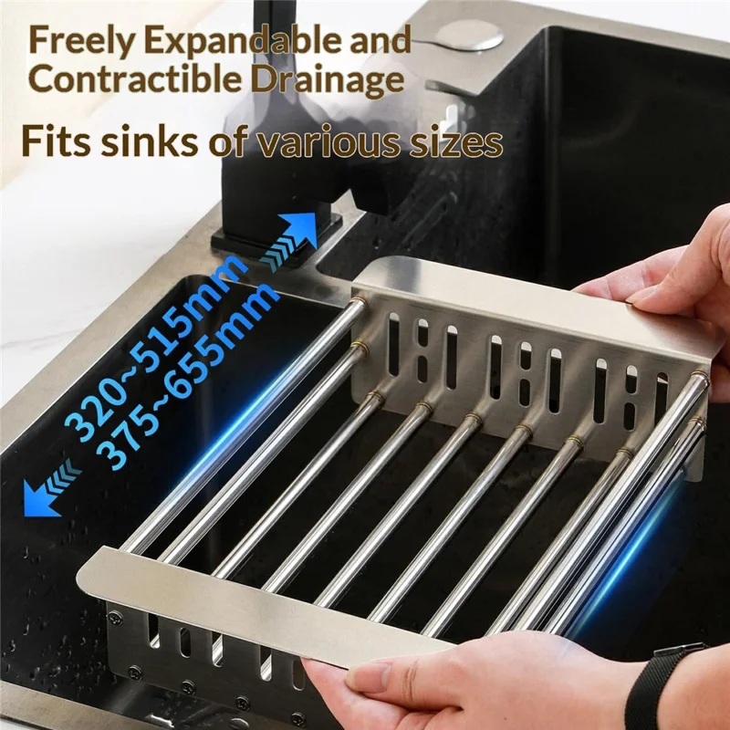 320-515mm Adjustable Dish Drainer Rack Over The Sink Collapsible Stainless Steel Dish Basket for Kitchen - Size S