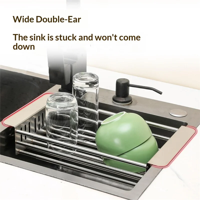 320-515mm Adjustable Dish Drainer Rack Over The Sink Collapsible Stainless Steel Dish Basket for Kitchen - Size S