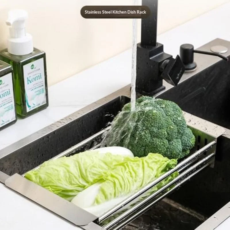 320-515mm Adjustable Dish Drainer Rack Over The Sink Collapsible Stainless Steel Dish Basket for Kitchen - Size S