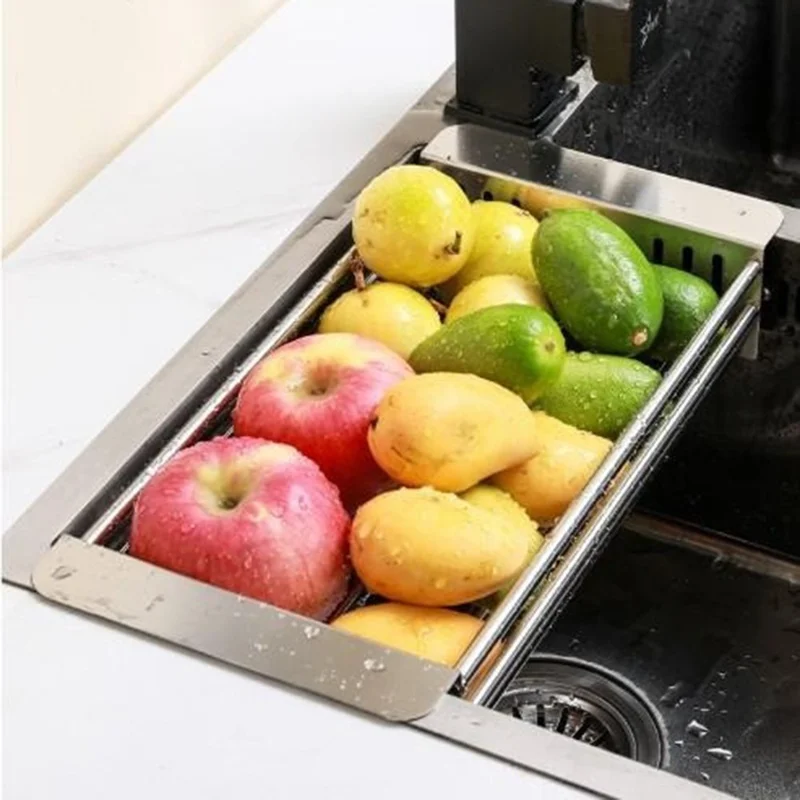 320-515mm Adjustable Dish Drainer Rack Over The Sink Collapsible Stainless Steel Dish Basket for Kitchen - Size S