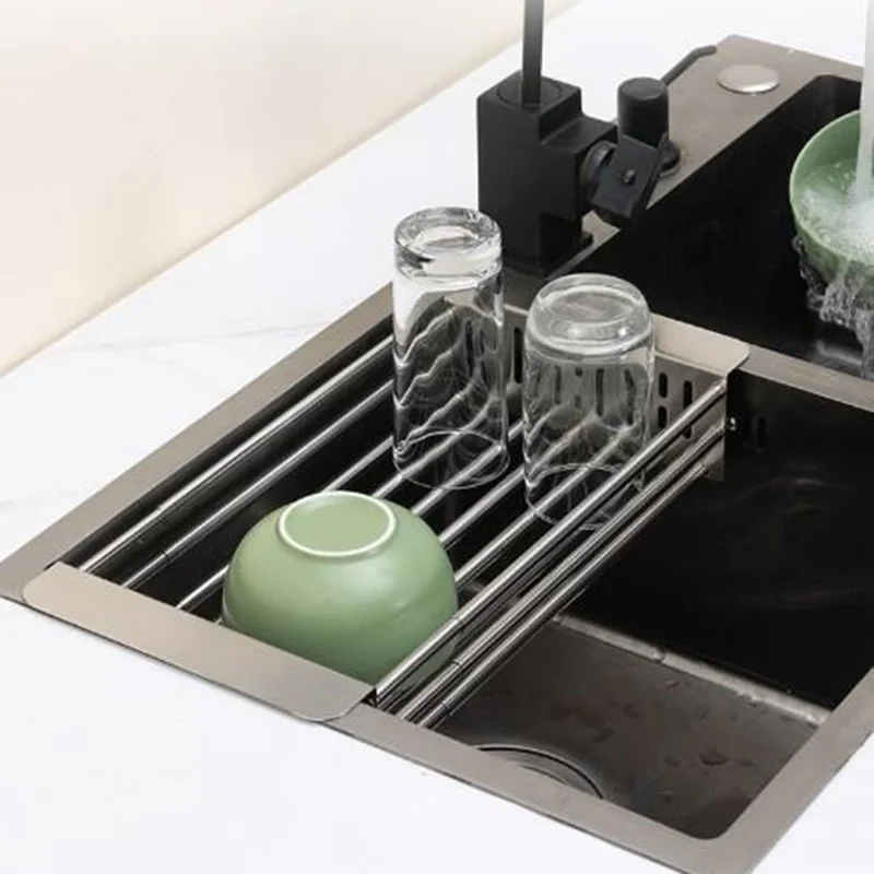 320-515mm Adjustable Dish Drainer Rack Over The Sink Collapsible Stainless Steel Dish Basket for Kitchen - Size S
