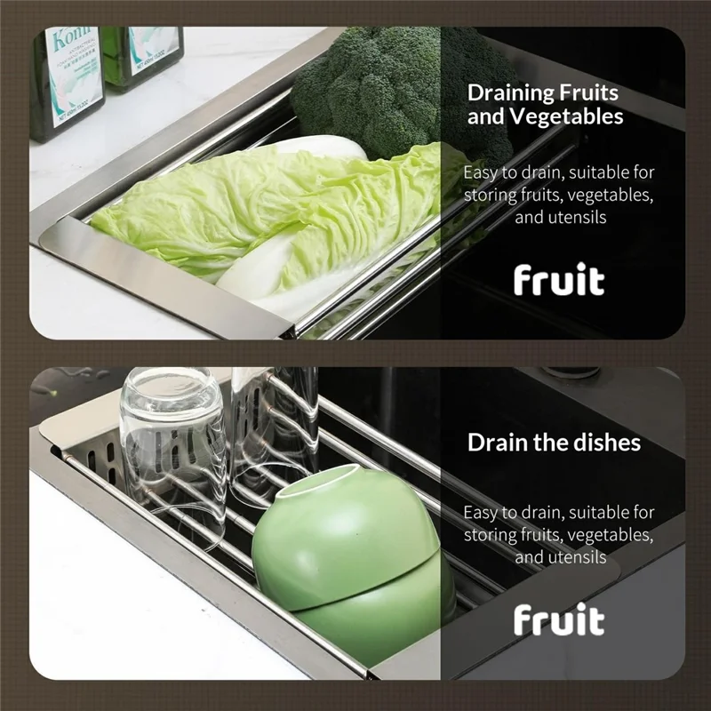 320-515mm Adjustable Dish Drainer Rack Over The Sink Collapsible Stainless Steel Dish Basket for Kitchen - Size S