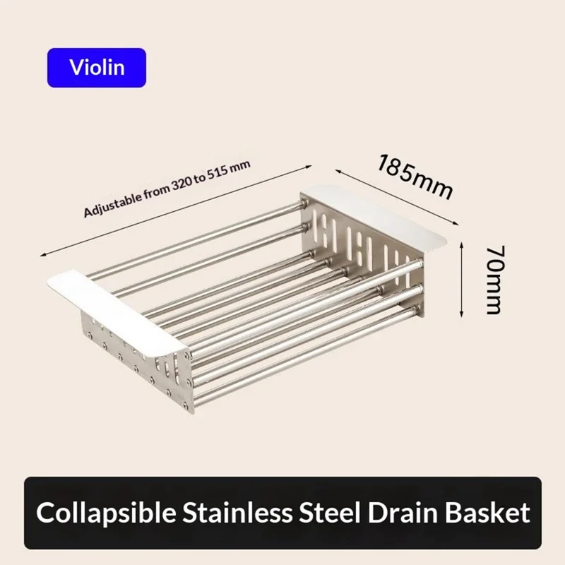 320-515mm Adjustable Dish Drainer Rack Over The Sink Collapsible Stainless Steel Dish Basket for Kitchen - Size S