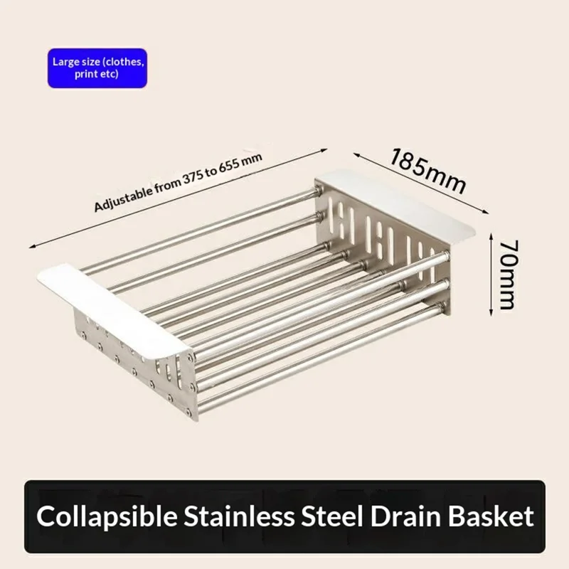 375-655mm Adjustable Dish Drainer Rack Over The Sink Collapsible Stainless Steel Dish Basket for Kitchen - Size L