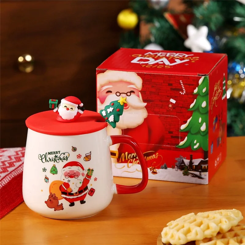 Weihnachtlicher Keramikbecher mit Deckel 430 ml, Heiße-Schokolade- und Kaffeetasse - Stil A / mit Silikondeckel