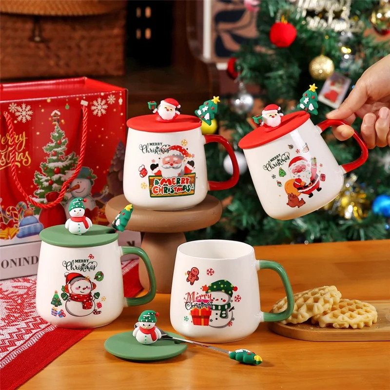 Weihnachtlicher Keramikbecher mit Deckel 430 ml, Heiße-Schokolade- und Kaffeetasse - Stil A / mit Silikondeckel