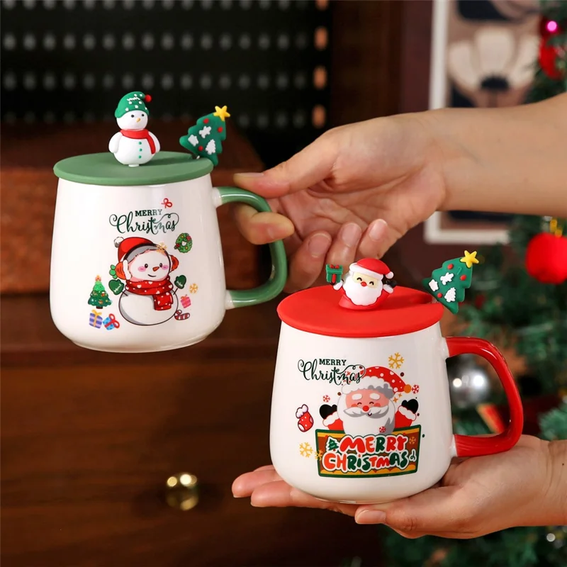 Weihnachtlicher Keramikbecher mit Deckel 430 ml, Heiße-Schokolade- und Kaffeetasse - Stil A / mit Silikondeckel