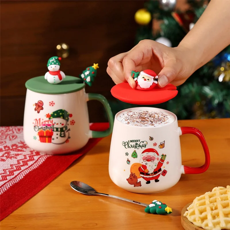 Weihnachtlicher Keramikbecher mit Deckel 430 ml, Heiße-Schokolade- und Kaffeetasse - Stil A / mit Silikondeckel