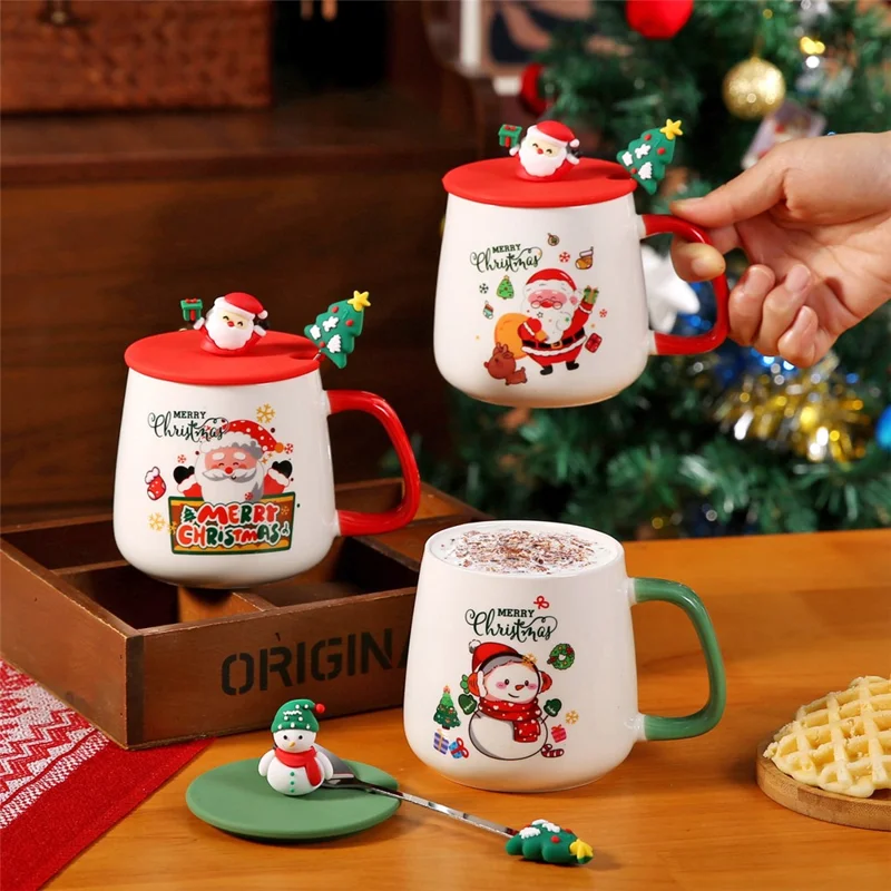 Weihnachtlicher Keramikbecher mit Deckel 430 ml, Heiße-Schokolade- und Kaffeetasse - Stil A / mit Silikondeckel