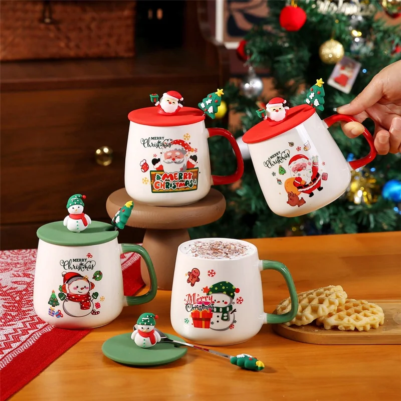 Weihnachtlicher Keramikbecher mit Deckel 430 ml, Heiße-Schokolade- und Kaffeetasse - Stil A / mit Silikondeckel