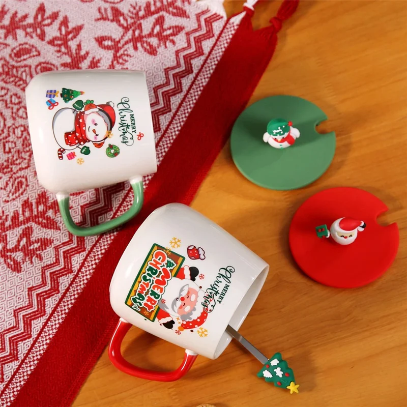 Weihnachtlicher Keramikbecher mit Deckel 430 ml, Heiße-Schokolade- und Kaffeetasse - Stil A / mit Silikondeckel