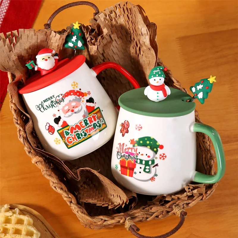 Weihnachtlicher Keramikbecher mit Deckel 430 ml, Heiße-Schokolade- und Kaffeetasse - Stil A / mit Silikondeckel