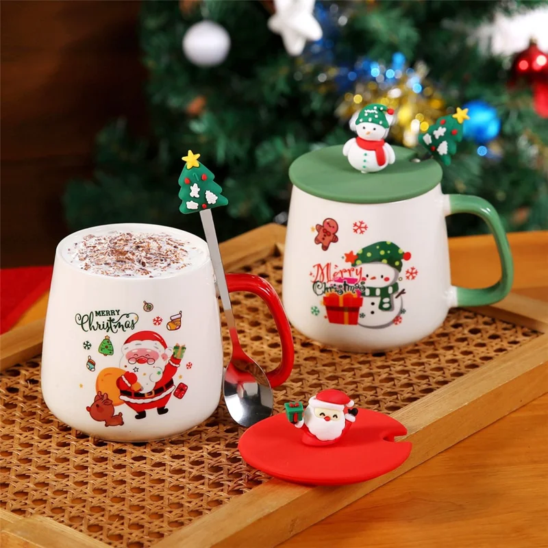 Weihnachtlicher Keramikbecher mit Deckel 430 ml, Heiße-Schokolade- und Kaffeetasse - Stil A / mit Silikondeckel