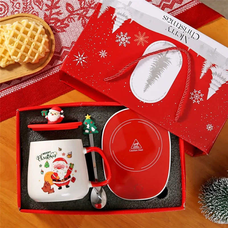 Weihnachtliche beheizte Tasse mit Deckel und Löffel 430 ml, Keramik-Becherwärmer mit EU-Stecker – Stil A / mit Silikon-Deckel