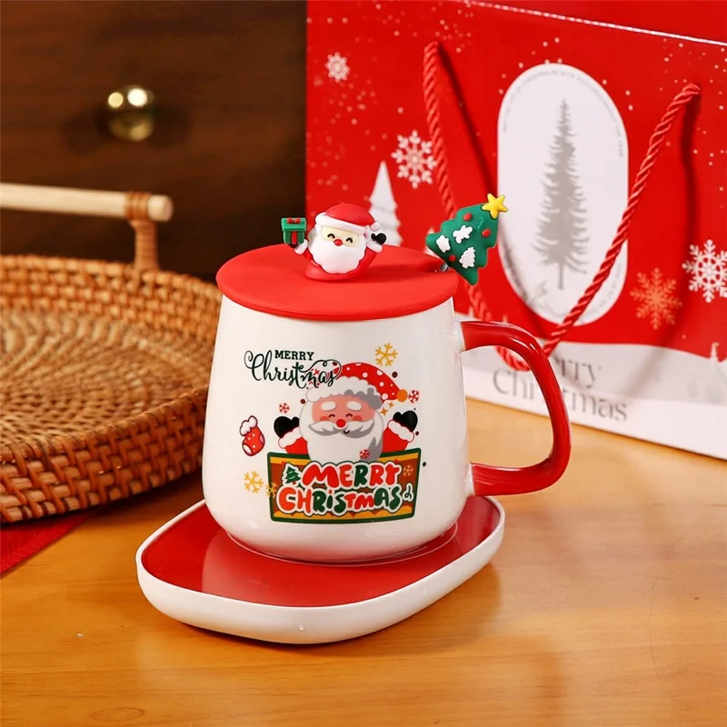 Weihnachtliche beheizte Tasse mit Deckel und Löffel 430 ml, Keramik-Becherwärmer mit EU-Stecker – Stil A / mit Silikon-Deckel