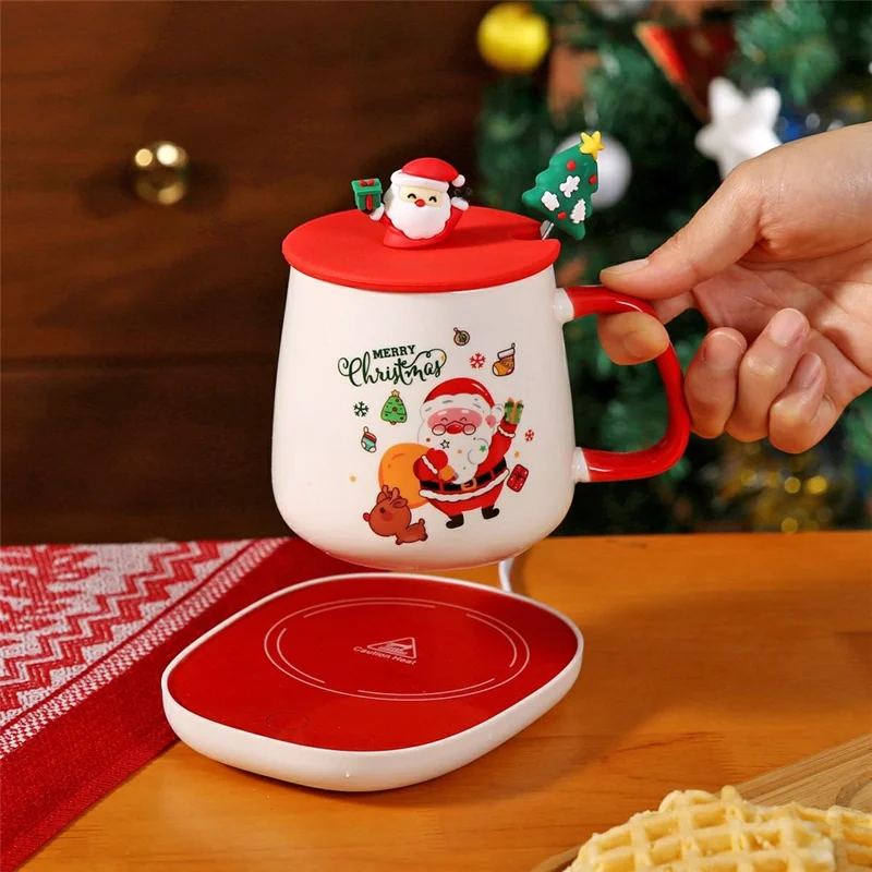 Weihnachtliche beheizte Tasse mit Deckel und Löffel 430 ml, Keramik-Becherwärmer mit EU-Stecker – Stil A / mit Silikon-Deckel
