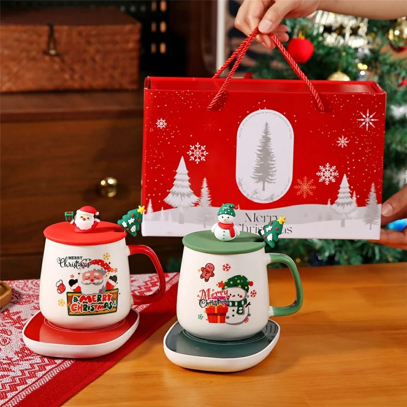 Weihnachtliche beheizte Tasse mit Deckel und Löffel 430 ml, Keramik-Becherwärmer mit EU-Stecker – Stil A / mit Silikon-Deckel