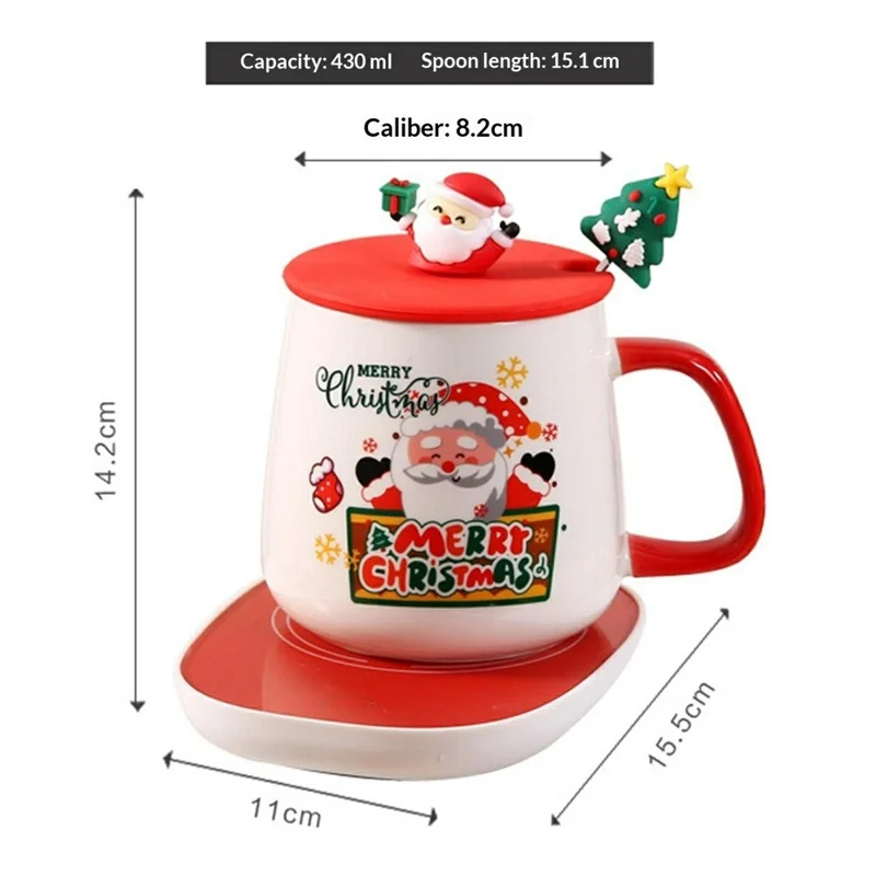 Weihnachtliche beheizte Tasse mit Deckel und Löffel 430 ml, Keramik-Becherwärmer mit EU-Stecker – Stil A / mit Silikon-Deckel