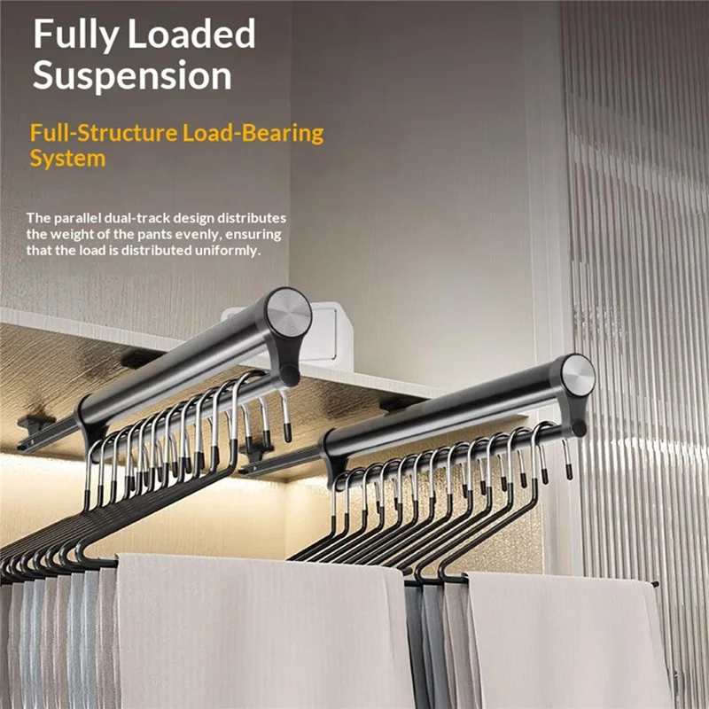 45cm Silent Damping Closet Pants Hanger Rail with Suction Cup Aluminum Alloy Telescopic Pull-Out Rod - Black