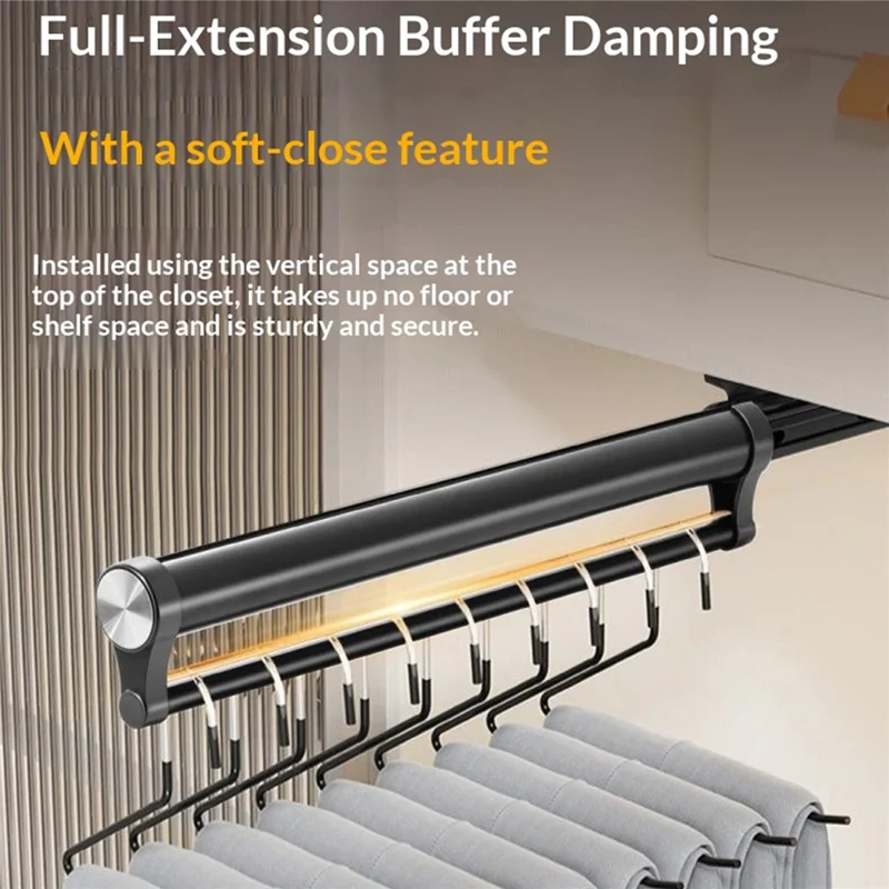 45cm Silent Damping Closet Pants Hanger Rail with Suction Cup Aluminum Alloy Telescopic Pull-Out Rod - Black