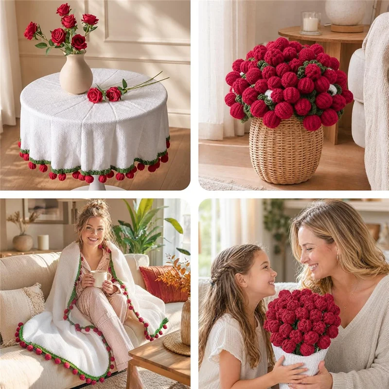 80cm 33Pcs Roses Bouquet Throw Blanket Knit Blanket Sofa Decorative Shawl Office Nap Cover - Red Rose / White Blanket