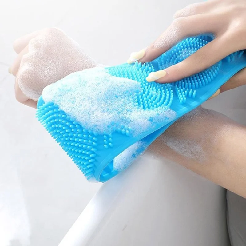 64cm Silicone Body Scrub Brush Double-Sided Back Cleaner Exfoliator Strap - Blue
