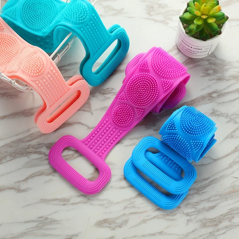 64cm Silicone Body Scrub Brush Double-Sided Back Cleaner Exfoliator Strap - Blue