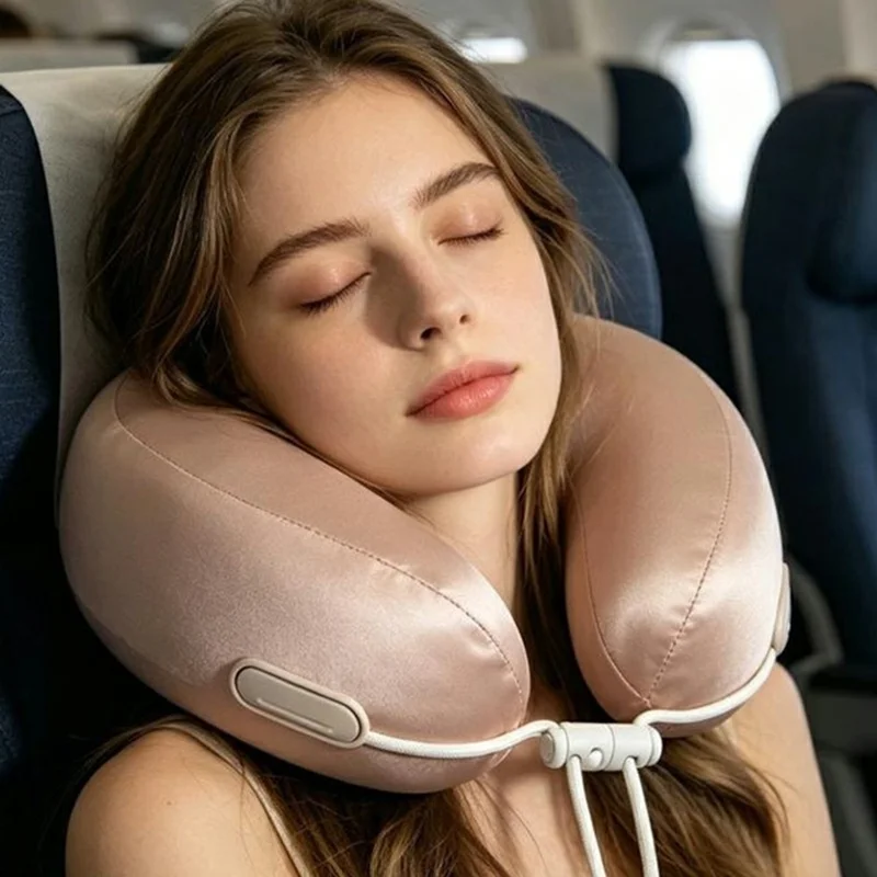 Memory Foam U-Shaped Neck Pillow Ice Silk Travel Cervical Support Cushion for Flight Office Nap - Light Pink