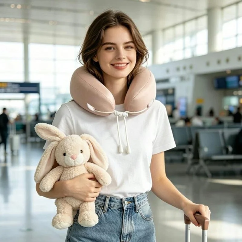 Memory Foam U-Shaped Neck Pillow Ice Silk Travel Cervical Support Cushion for Flight Office Nap - Light Pink