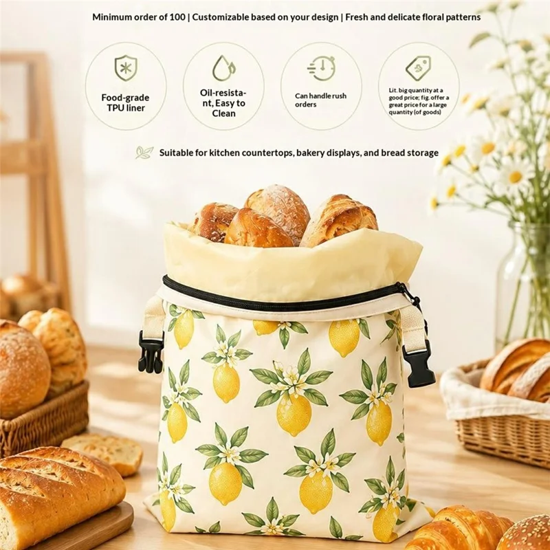 43x33cm Cotton Bread Bag with Removable Beeswax Liner Seal Food Storage Bag for Kitchen Bakery (FDA Certified) - Style A