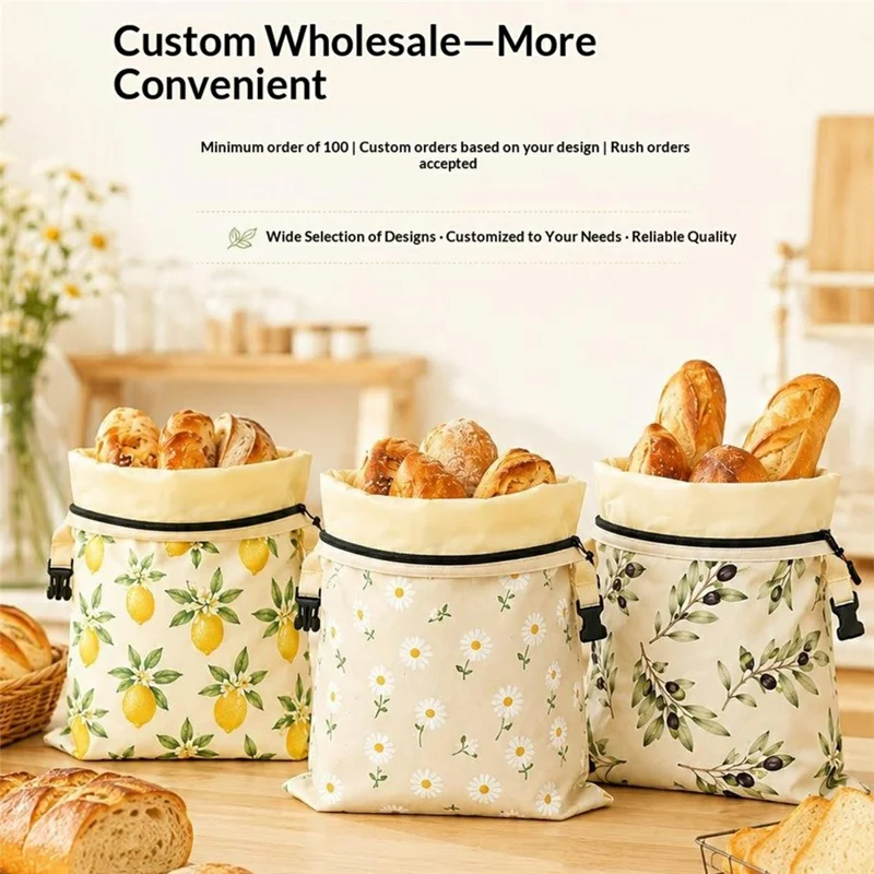 43x33cm Cotton Bread Bag with Removable Beeswax Liner Seal Food Storage Bag for Kitchen Bakery (FDA Certified) - Style A