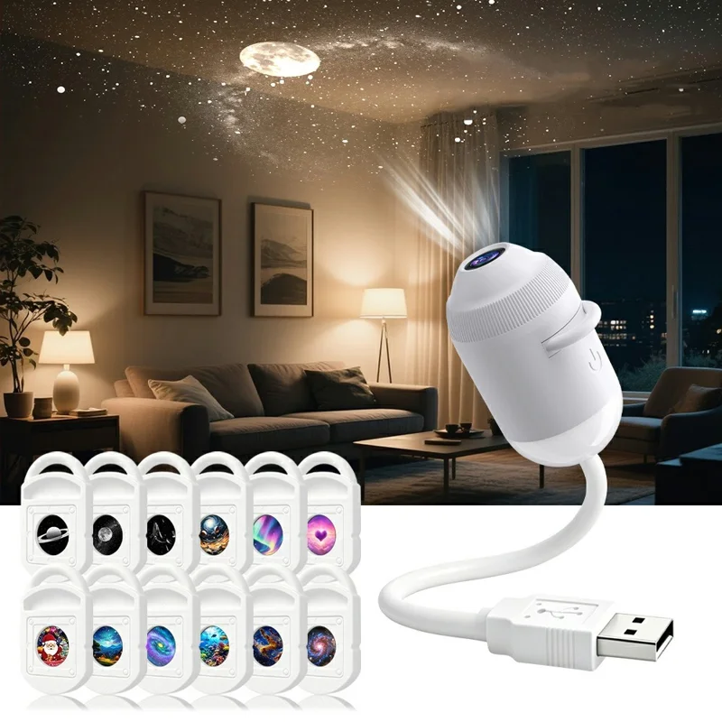 G303 Projecteur de Ciel Étoilé USB Veilleuse avec 12 Diapositives, Double Mode, Commande Tactile, Flexible pour Chambre - Blanc
