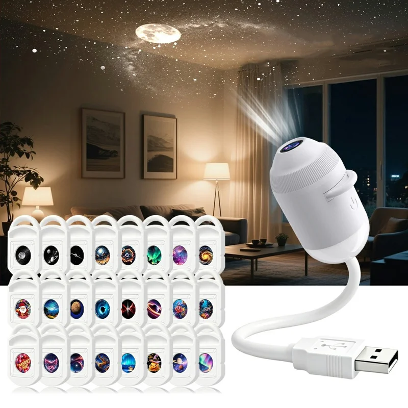 G303 Projecteur de Ciel Étoilé USB Veilleuse avec 24 Diapositives, Double Mode, Commande Tactile, Flexible pour Chambre - Blanc