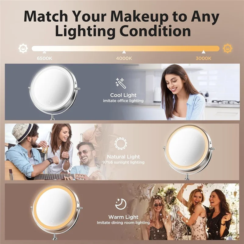 8 inch 5x Magnification Dual-Sided LED Makeup Mirror Touch Control Tabletop Vanity Mirror - Silver