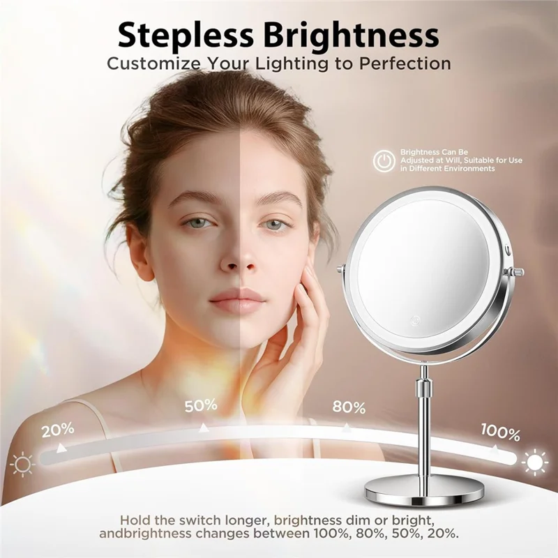 8 inch 10x Magnification Dual-Sided LED Makeup Mirror Touch Control Tabletop Vanity Mirror - Silver