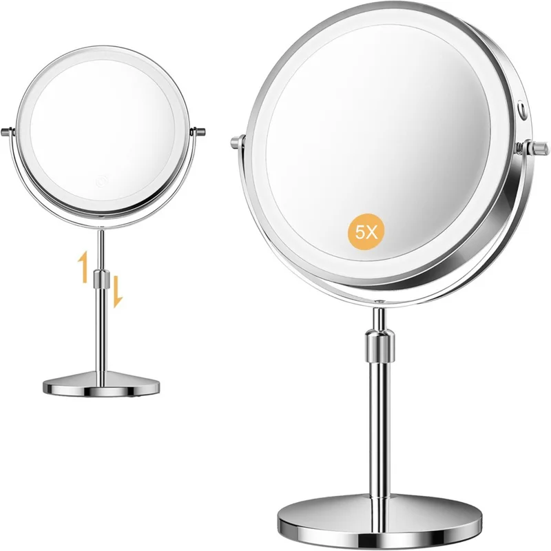 9 inch 5x Magnification Dual-Sided LED Makeup Mirror Touch Control Tabletop Vanity Mirror - Silver