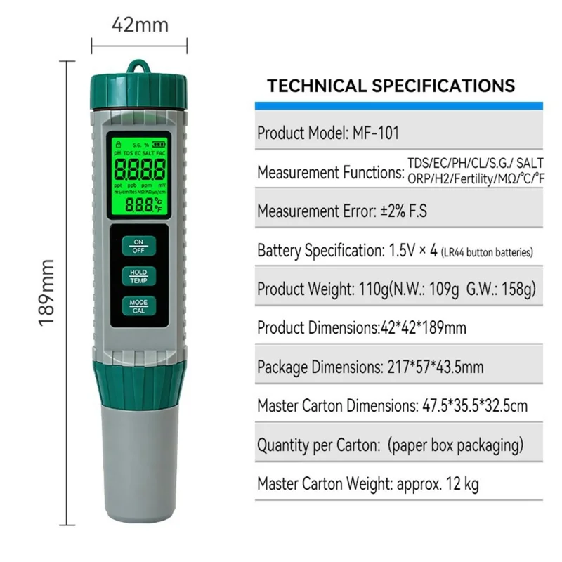 MF-X101 Water Quality Tester 10 in 1 Portable TDS EC pH Salinity Meter Pen for Home Use