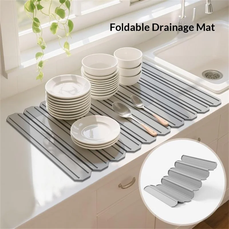 Foldable Silicone Drainage Mat Non-slip Quick-drying Heat-resistant Dish Drying Mat for Kitchen Countertop - Grey