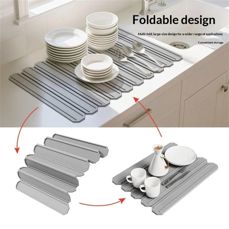 Foldable Silicone Drainage Mat Non-slip Quick-drying Heat-resistant Dish Drying Mat for Kitchen Countertop - Grey