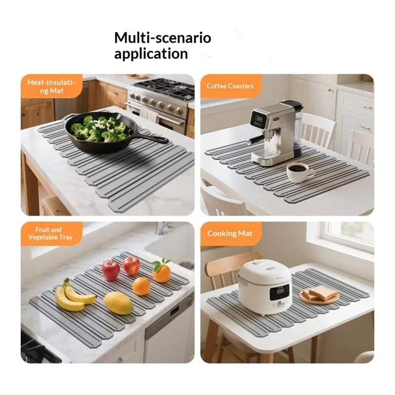 Foldable Silicone Drainage Mat Non-slip Quick-drying Heat-resistant Dish Drying Mat for Kitchen Countertop - Grey